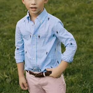 Polo Ralph Lauren Boys Polo Bear Gingham blue Cotton Shirt size M 10-12